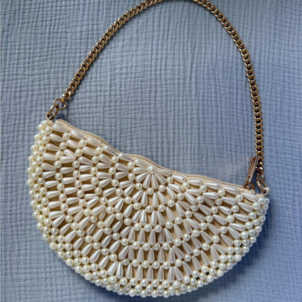 a new day Cream Pearl-Embellished Clutch with Gold Chain